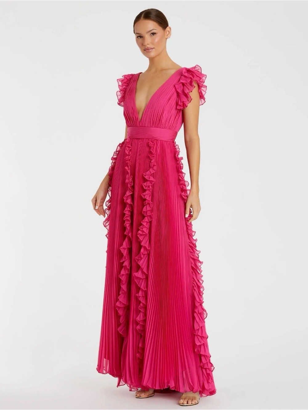 NWT Mac Duggal Ieena Fuchsia Pink Pleated Ruffle Gown Dress Size 8
